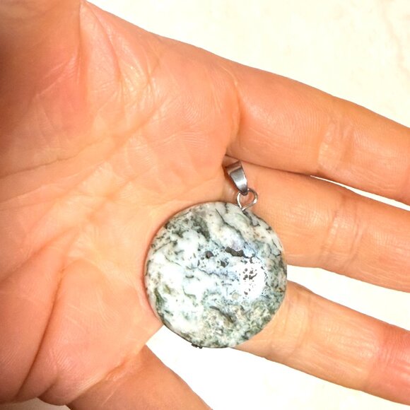 2/$20, White Green Tree Agate Pendant, Large Coin Shape Genuine Gemstone Pendant - Picture 10 of 10